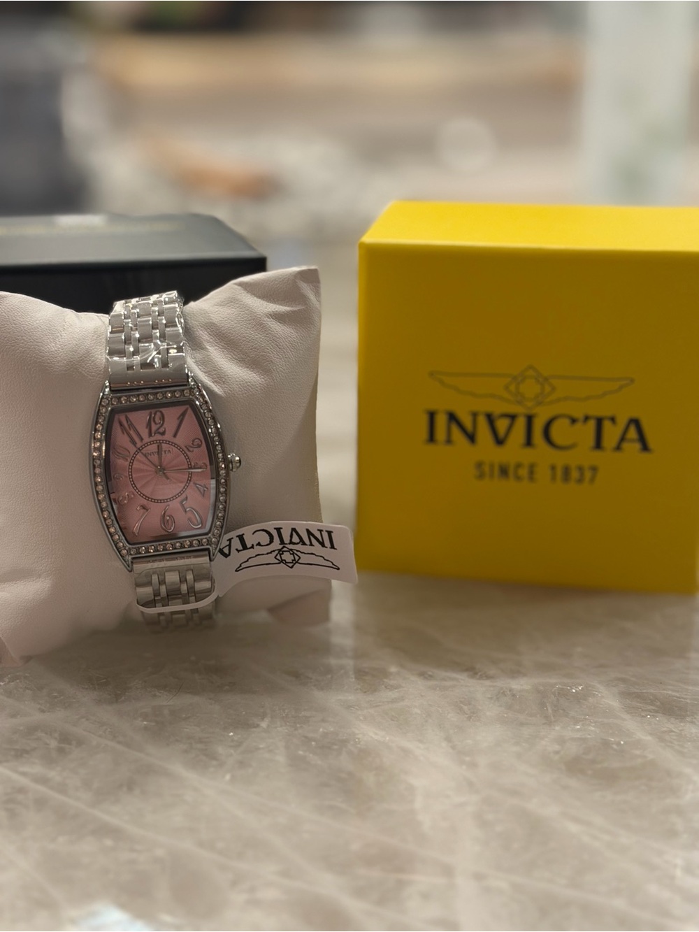 NIB Invicta Angel Tonneau Crystal Pink Dial Silver-Tone Women's Watch